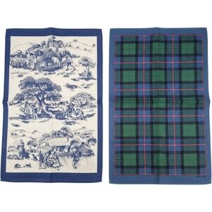 Ulster Weavers Tea Towels Set 2 Blue Green Toile Tartan Linen Kitchen